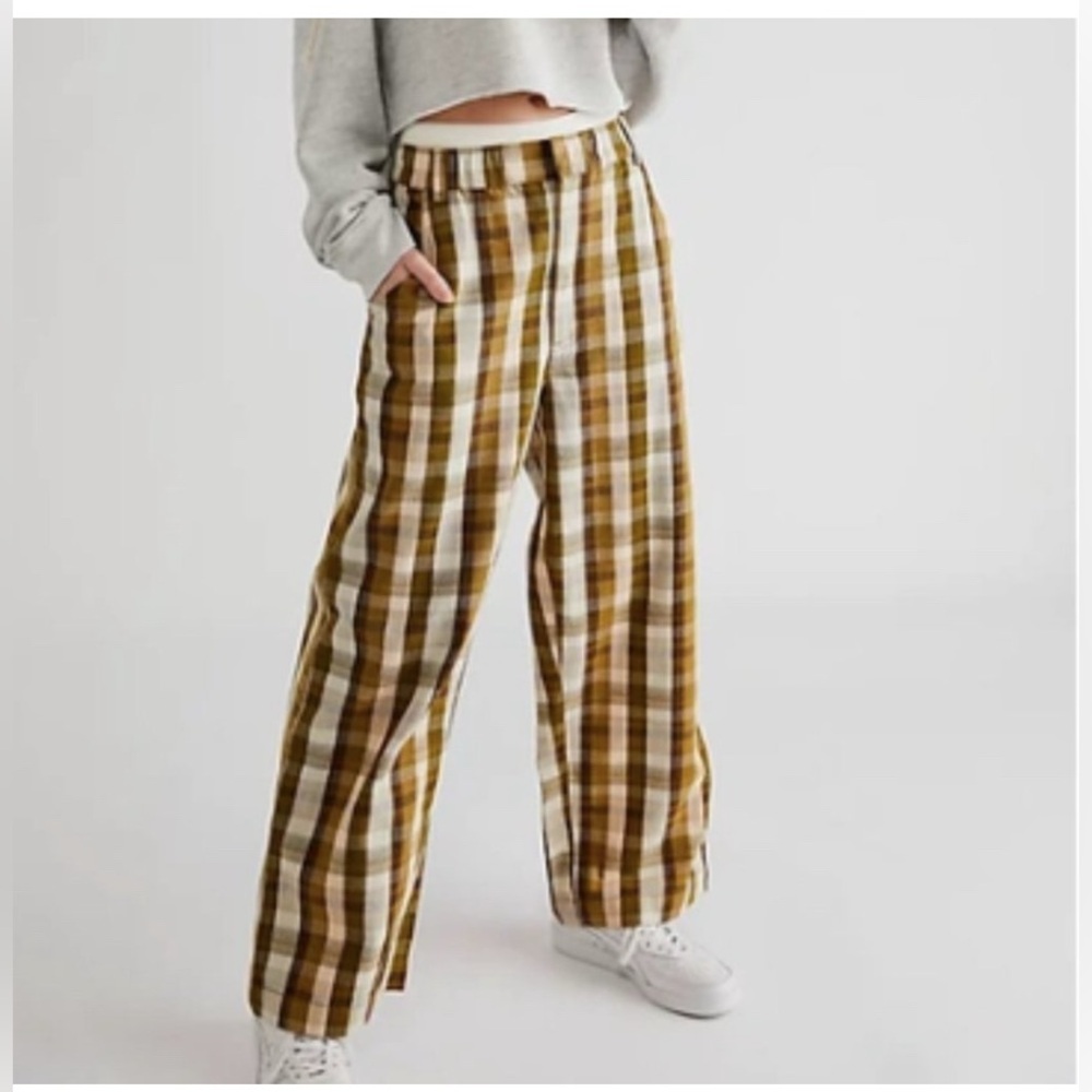 Free People Love Buzz Straight-leg Plaid Check Pants- Olive Combo - Picture 5 of 5